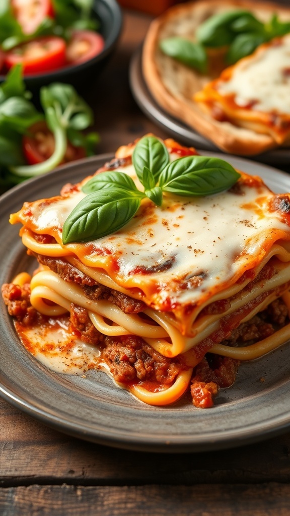 A slice of classic beef lasagna with ricotta, layered with meat sauce and cheese, garnished with basil, on a wooden table with salad and garlic bread.